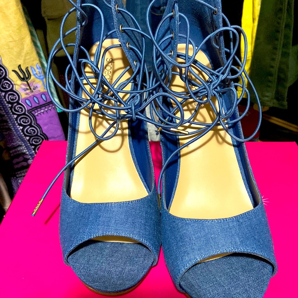 Tie up open toe high hill shoes